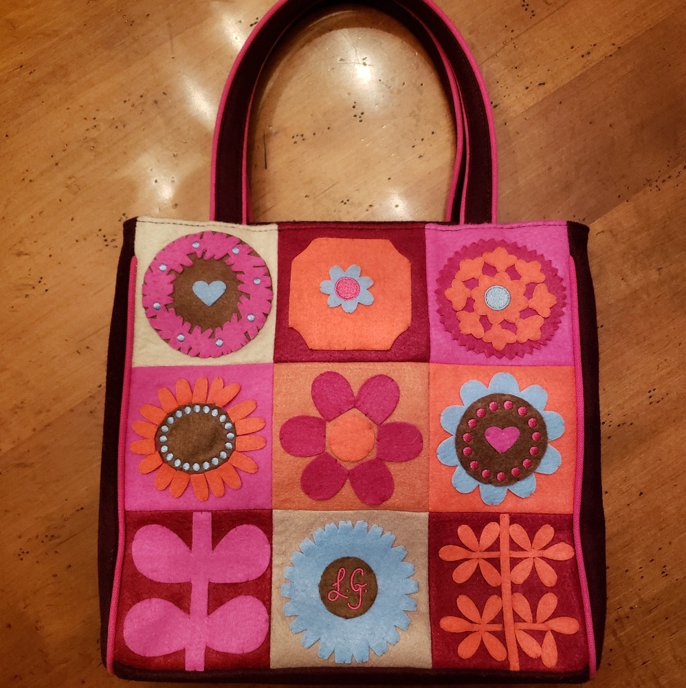 Lulu Guiness Pop Flower Burgandy Wool Tote